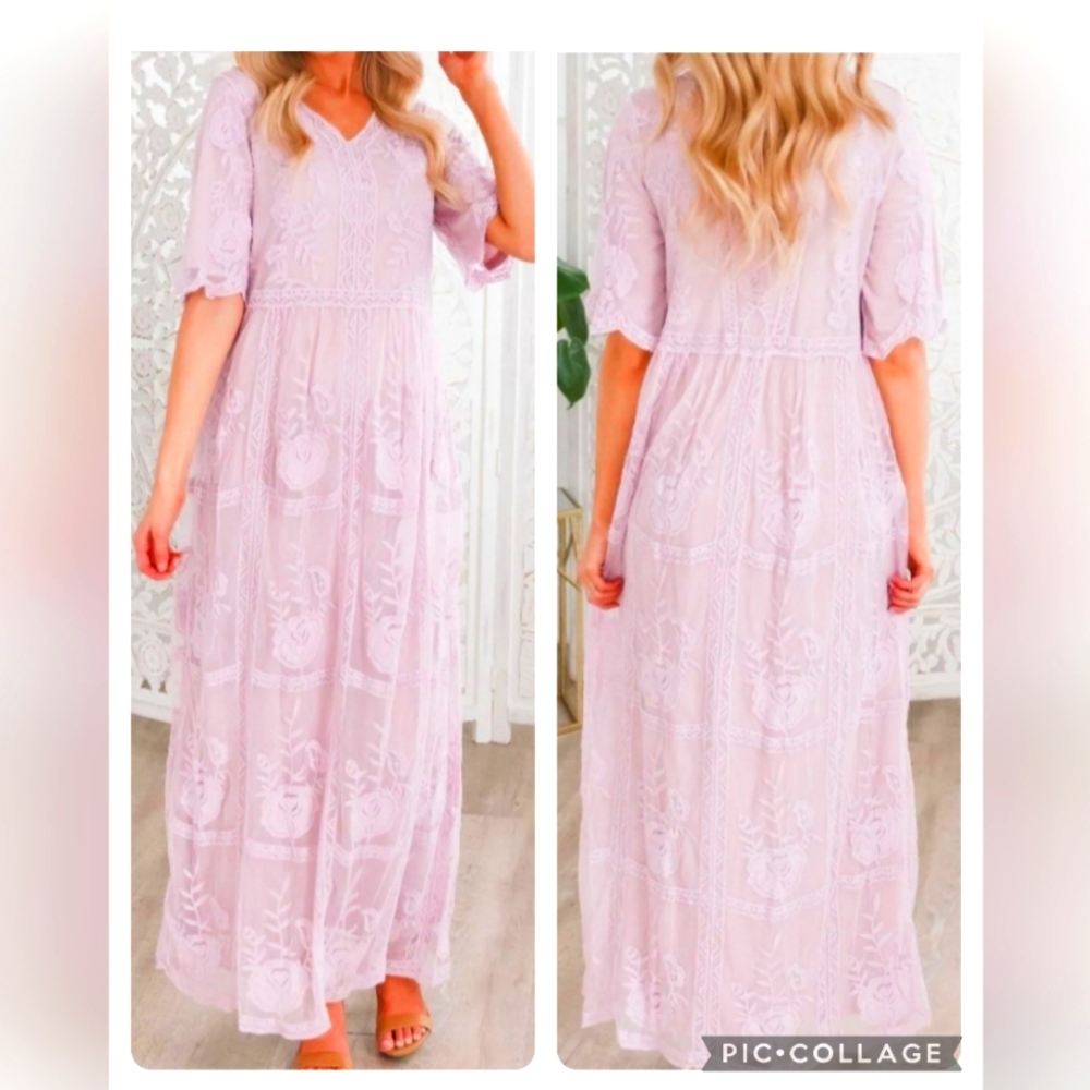 Tea N Rose Womens Shortsleeve Sheer Lined Lavender Maxi Dress - Picture 1 of 12